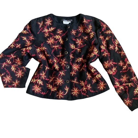 Maggy L Silk Embroidered Flower Button-Up Lady Jacket Sz 10 Black #110L - Picture 2 of 7
